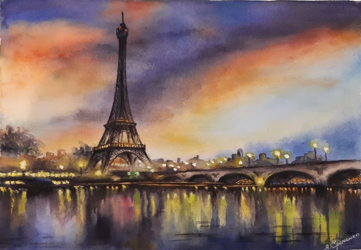"SOUS LE CIEL DE PARIS"/"Под небом Парижа"watercolor drawing 绘画, 8.3x11.7 in