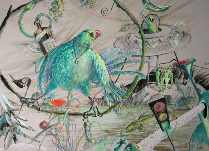 Dreams about... green - original genre artwork 绘画, 18.9x24.8 in