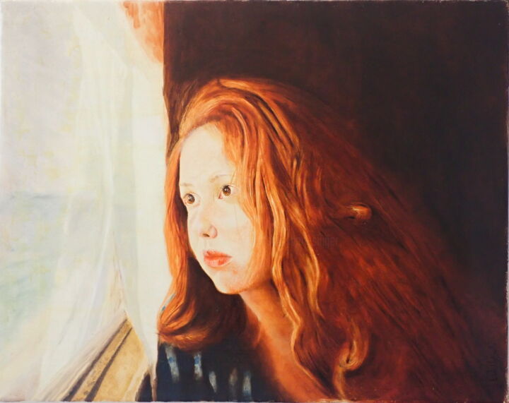 Painting titled "Mädchen am Zugfenst…" by Stan Bert Singer, Original Artwork, Oil