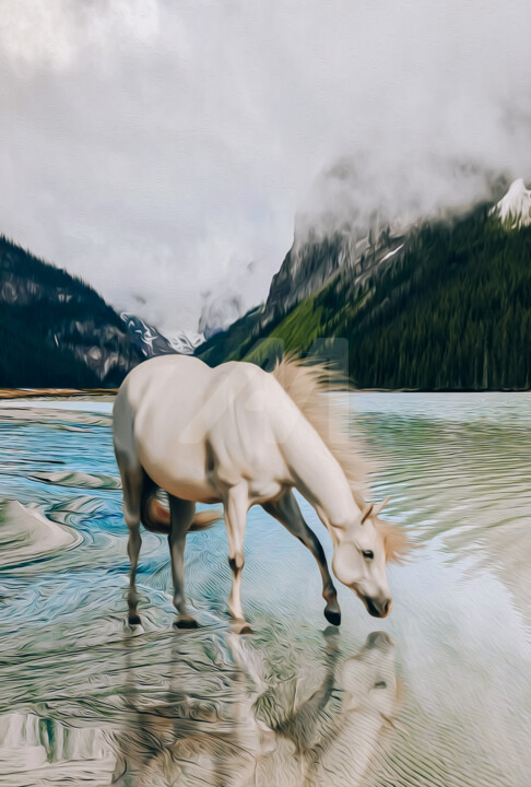 White horse on the lake. 数字艺术