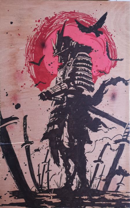 Samuraï stylisé dessin sur bois 图画, 23.8x15 in