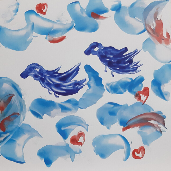 Birds in love (original hot wax on paper, encaustic) 绘画, 8x8 in