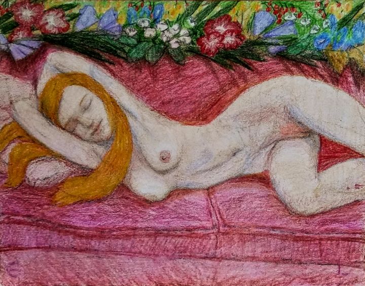 Nude on a red couch 图画, 9x12 in