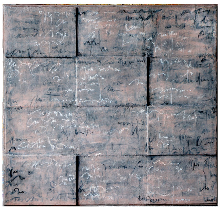 Painting titled "asemic letter" by Ana-Maria Panaitescu, Original Artwork, Acrylic Mounted on Cardboard