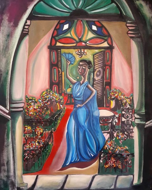 Mulata con vestido azul 绘画, 38.2x31.1 in