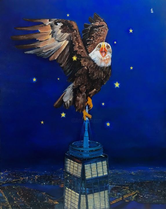 Painting titled "The Starlit Eagle" by Sailev, Original Artwork, Oil Mounted on Wood Stretcher frame