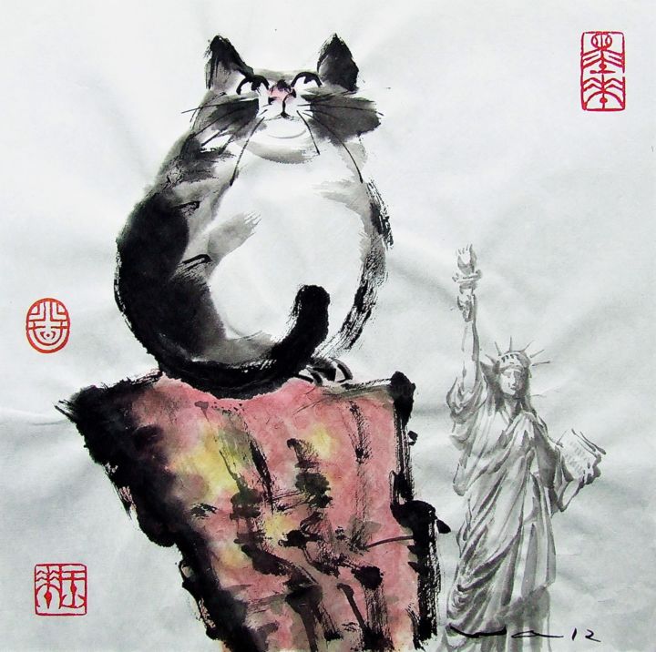 Le vieux chat qui veut être immortel 绘画, 13.8x13.8 in
