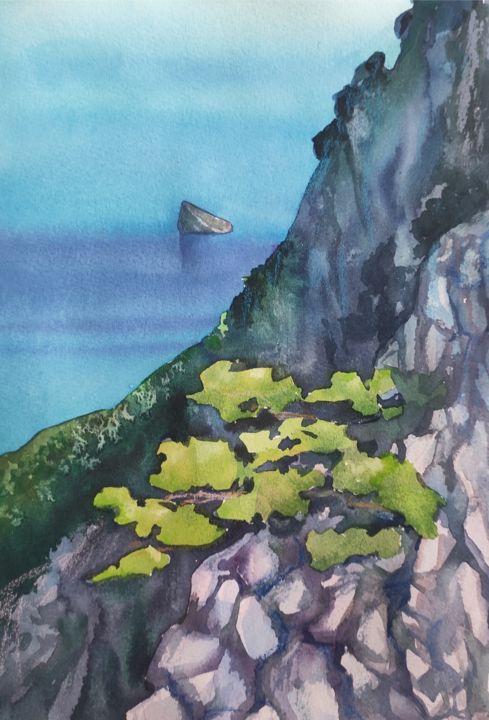 Картина под названием "The Island "The Tur…" - Valentina Pushkareva, Подлинное произведение искусства, Акварель