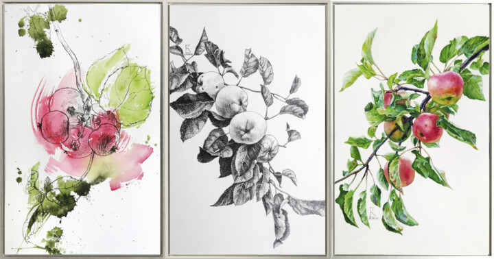 Malarstwo zatytułowany „APPLE TRIPTYCH” autorstwa Ekaterina Kosyak, Oryginalna praca, Akwarela