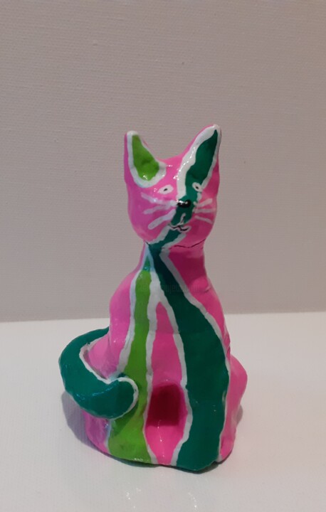 Chat psychédélique rose et vert 雕塑, 3.9x2 in