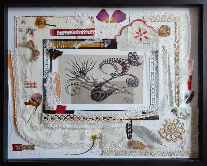 Collages intitulée "Akiko" par Alixire, Œuvre d'art originale, Stylo à bille Monté sur Autre panneau rigide