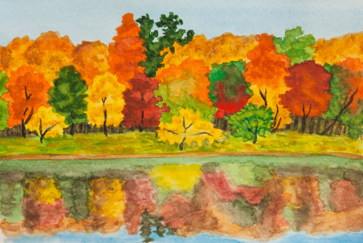 Colourful autumn forest Painting, 7.9x11.8 in