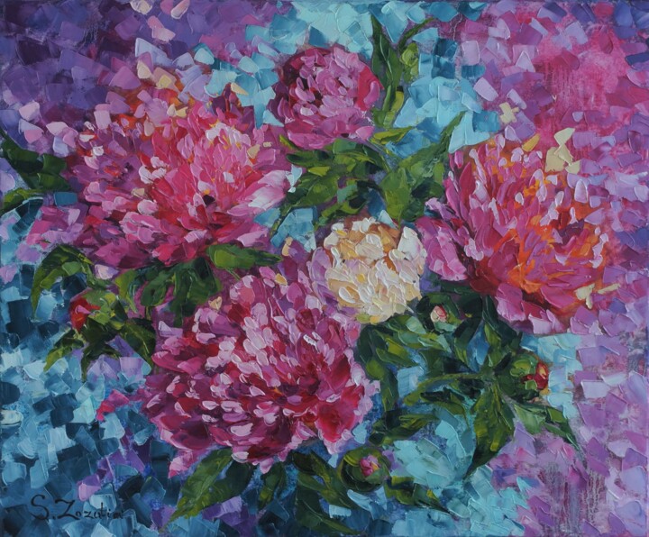 Painting titled "Peonies" by Svitlana Zozulia, Original Artwork, Oil