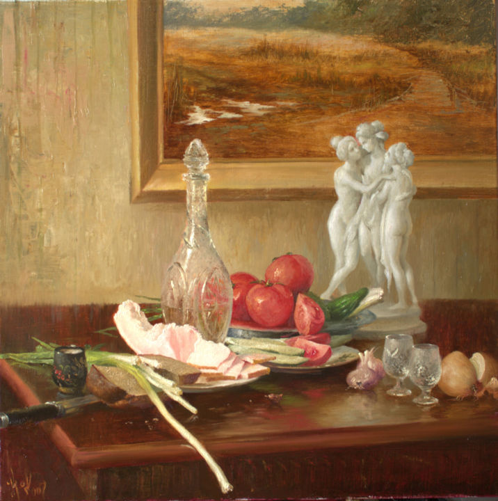 Painting titled "Сало и дорога." by Iurii Klapoukh, Original Artwork, Oil