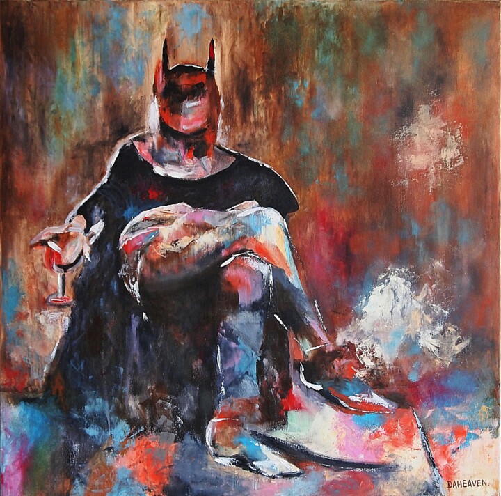 Contemplative Batman: A Thoughtful Hero in Abstract. 绘画, 31.5x31.5 in
