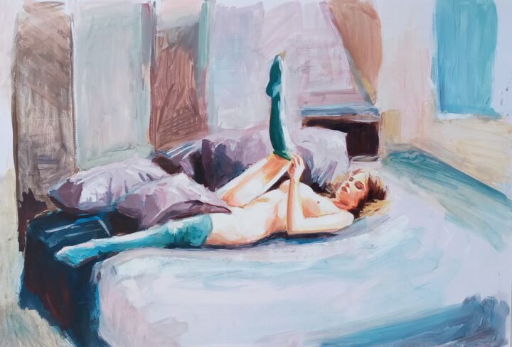 Painting titled "Nü yatak keyfi" by Muzaffer Bulut, Original Artwork, Oil