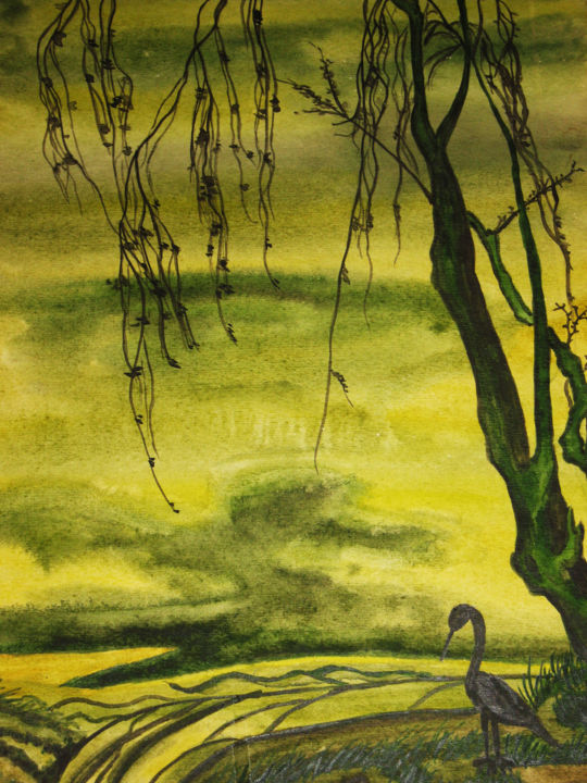 Bird with tree on green 绘画, 11.8x7.9 in
