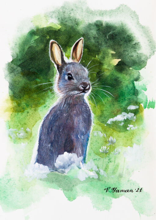 Watercolor wild rabbit. Baby. Green background. 绘画, 11.8x7.9 in