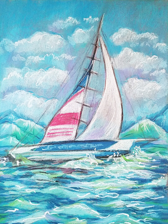 제목이 ""White sailboat at…"인 미술작품 Nadezhda Kokorina로, 원작, 파스텔