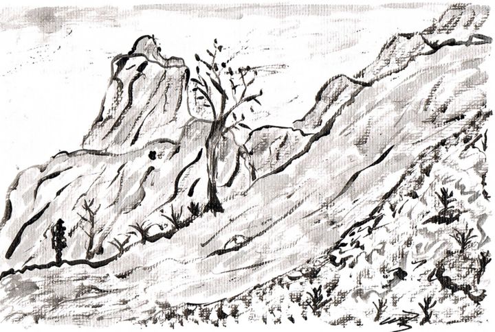 Paysage montagne 绘画, 5.9x8.3 in