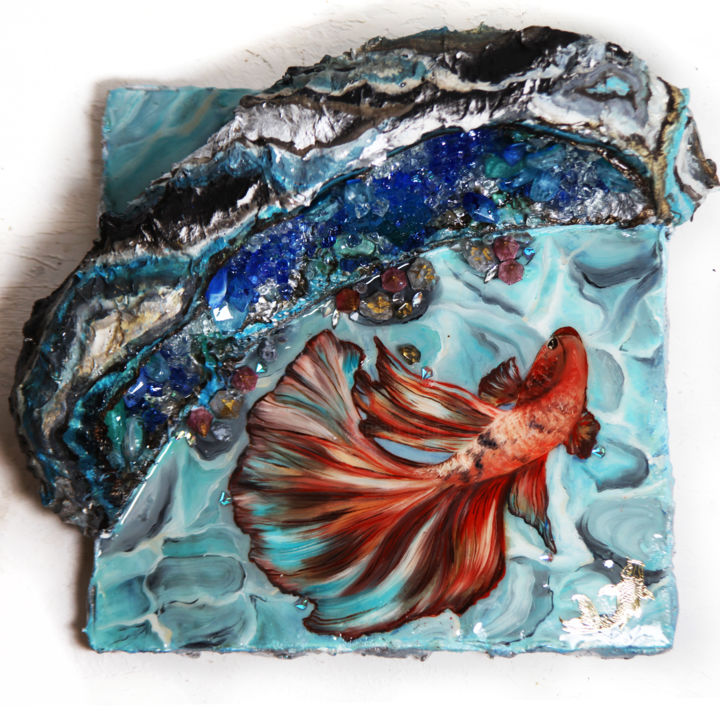 Red Siamese Fighter. 3D Textured Geode Resin painting 绘画, 13.8x13.8 in