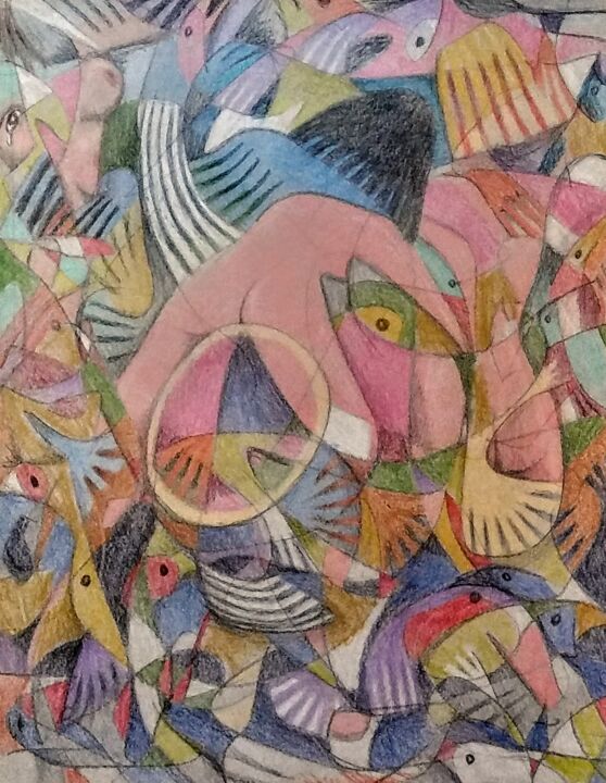 Women caught in a flock of confused Birds 图画, 12x9 in