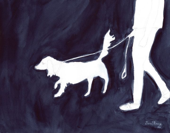 Woman Walking her Dog down Commerical Avenue 绘画, 11x14 in