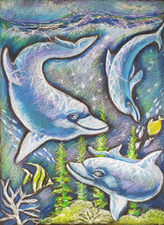 Disegno intitolato ""Dolphins in the oc…" da Nadezhda Kokorina, Opera d'arte originale, Pastello