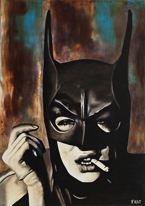 Vintage Oil Painting of Batgirl Smoking Cigarette. 绘画, 27.6x19.7 in