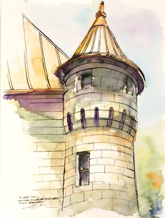 Une des tours arrière du manège militaire de Québec Drawing, 12x9 in