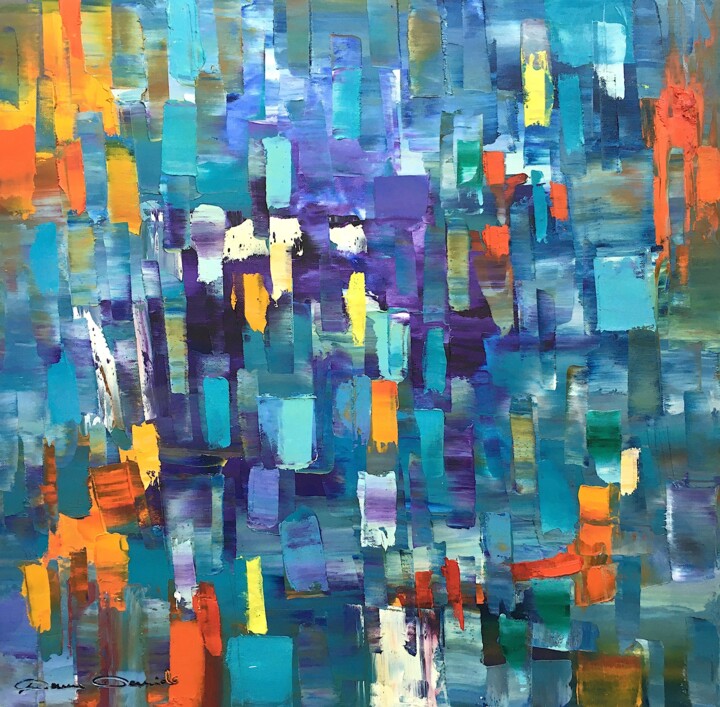Painting titled "Blue sky full colors" by Dam Domido, Original Artwork, Oil Mounted on Wood Stretcher frame