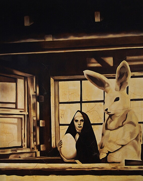 Enigmatic Oil Painting: Nun and Giant Bunny in Kitchen. 绘画, 39.4x31.5 in
