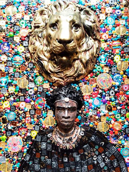 Sculptural 3d painting Black man Lion. African man portrait 雕塑, 39.4x27.6 in