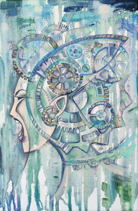 Scream through time, steampunk, pale blue painting with a wo 绘画, 11.8x7.9 in