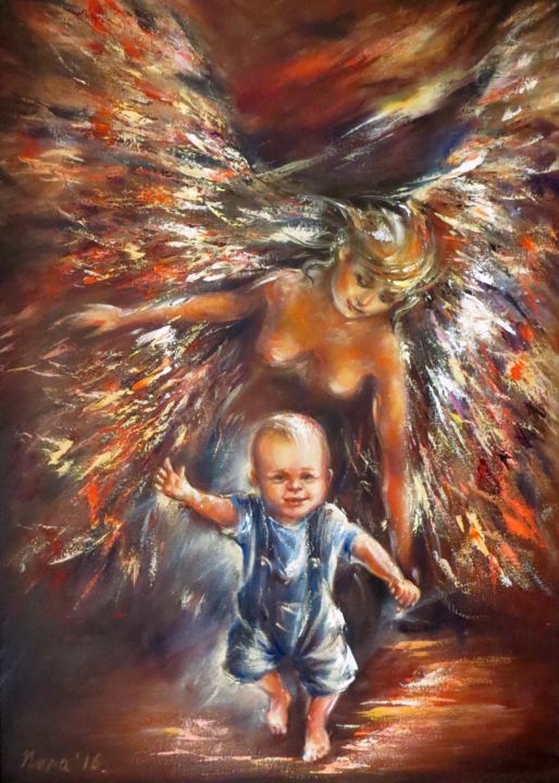 The Guardian Angel original oil painting Mother and Son 绘画, 27.6x19.7 in