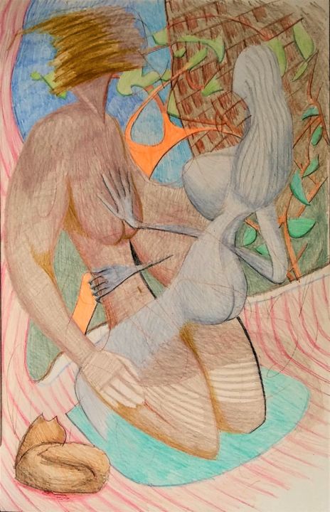 Urban Lovers with a Cat 图画, 17x11 in