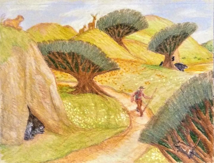 Hiker in the Countryside 그림, 6x8 in