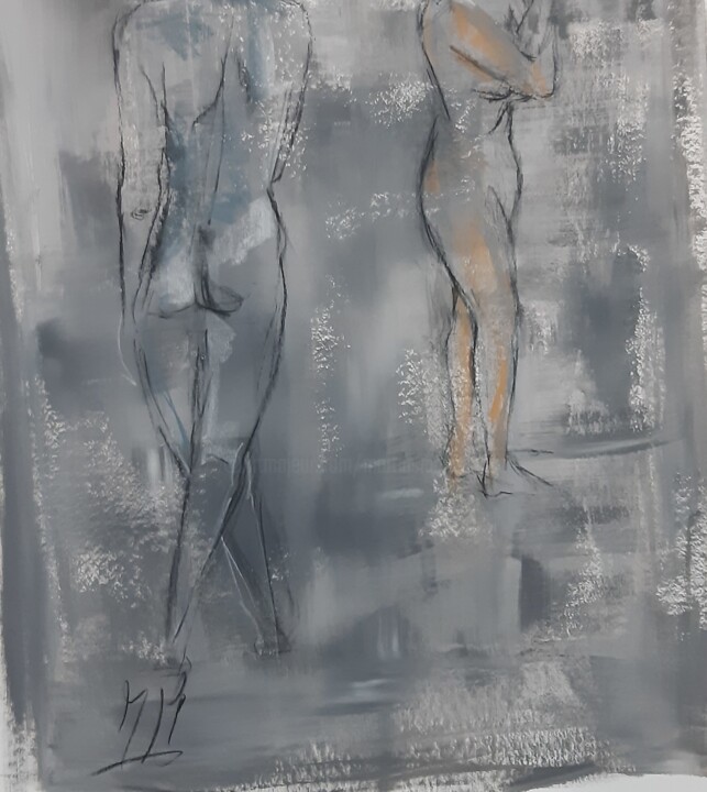 Dessin intitulée "Esquisse  2 femmes…" par Marie Pascale Martins, Œuvre d'art originale, Fusain