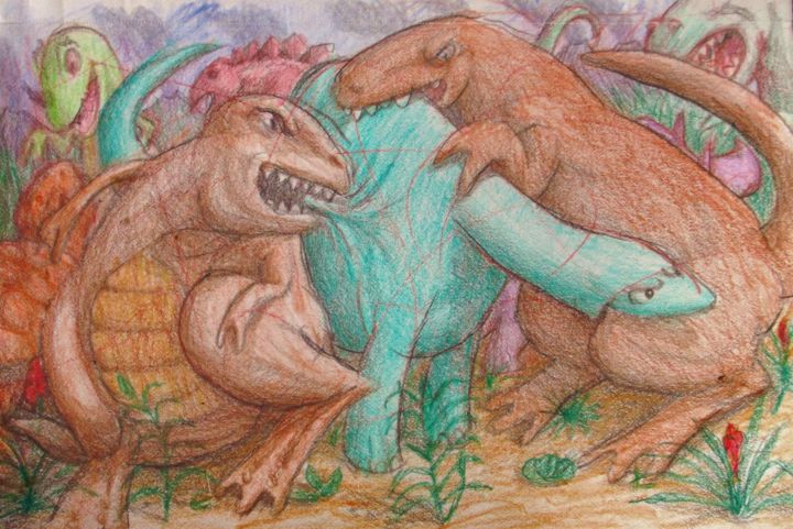 Battling Dinosaurs 图画, 6x8 in