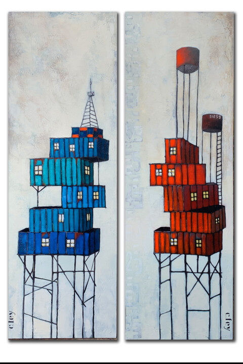 Pontons Rouge et Bleu 绘画, 47.2x31.5 in