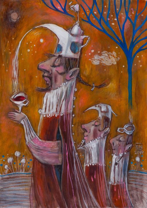 Painting titled "Tea Ceremony" by Natasha Ermolaeva, Original Artwork, Pencil