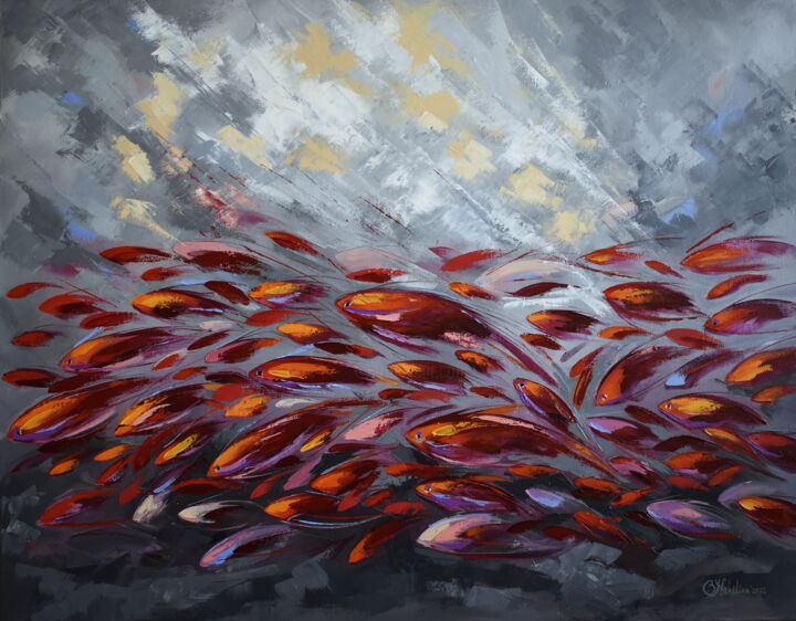 제목이 "Red Fish"인 미술작품 Olga Nikitina로, 원작, 기름 나무 들것 프레임에 장착됨