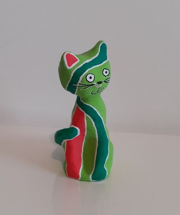 Chat psychédélique vert 雕塑, 3.9x2 in