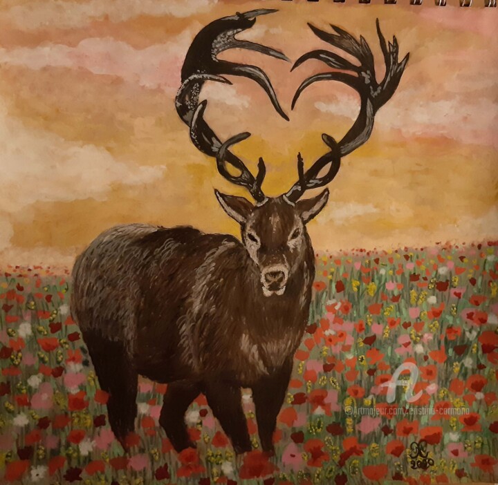 Cerf aux fleurs 图画, 9.1x9.1 in