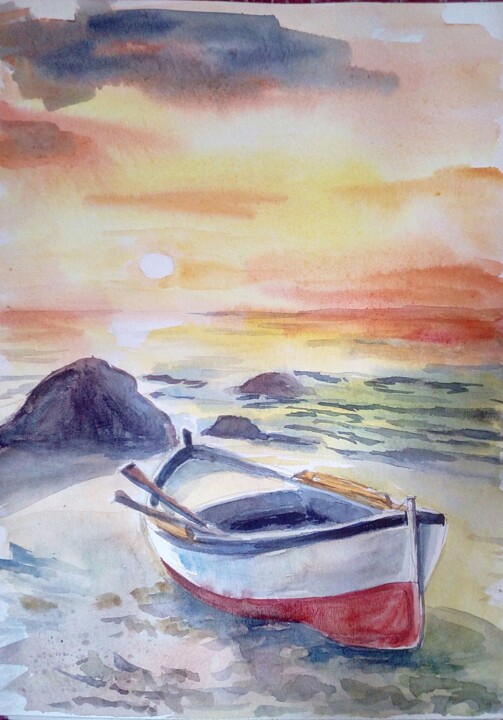Boat on the beach 绘画, 11.4x8.3 in