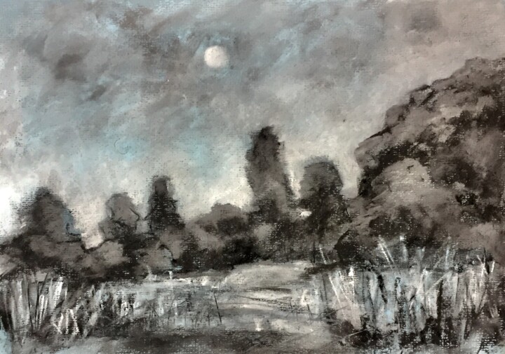 Drawing titled "Тихая ночь charcoal…" by Lena Ru, Original Artwork, Charcoal