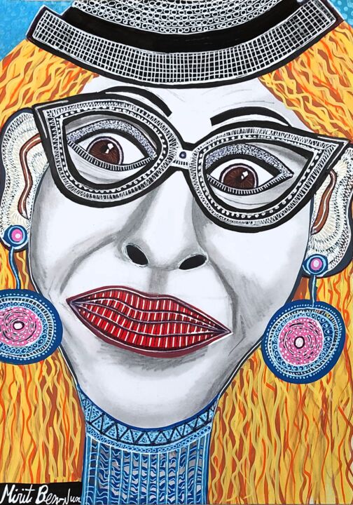 Woman jewish painting Israeli modern art Mirit Ben-Nun 绘画, 13.8x9.8 in