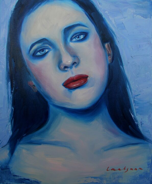 Neon Girl Portrait In Blue Colors, Painting by Jane Lantsman