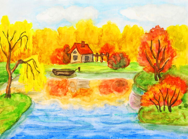 Autumn landscape with house near lake 绘画, 7.9x11.8 in
