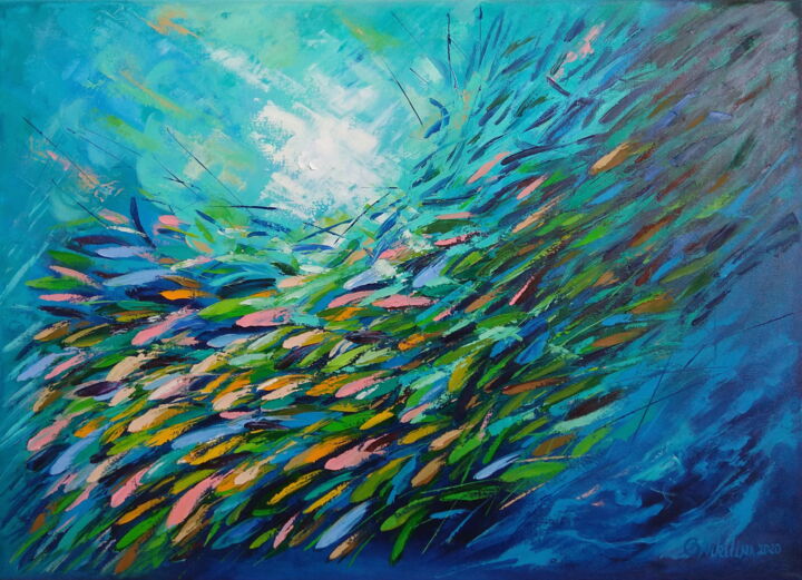 Ζωγραφική με τίτλο "School of Fish" από Olga Nikitina, Αυθεντικά έργα τέχνης, Λάδι Τοποθετήθηκε στο Ξύλινο φορείο σκελετό